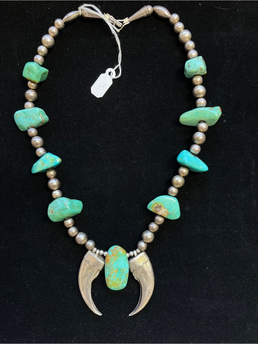 Vintage Mid 20c Native American Handmade Turquoise Naja & Navajo Pearl Necklace - Picture 2 of 10